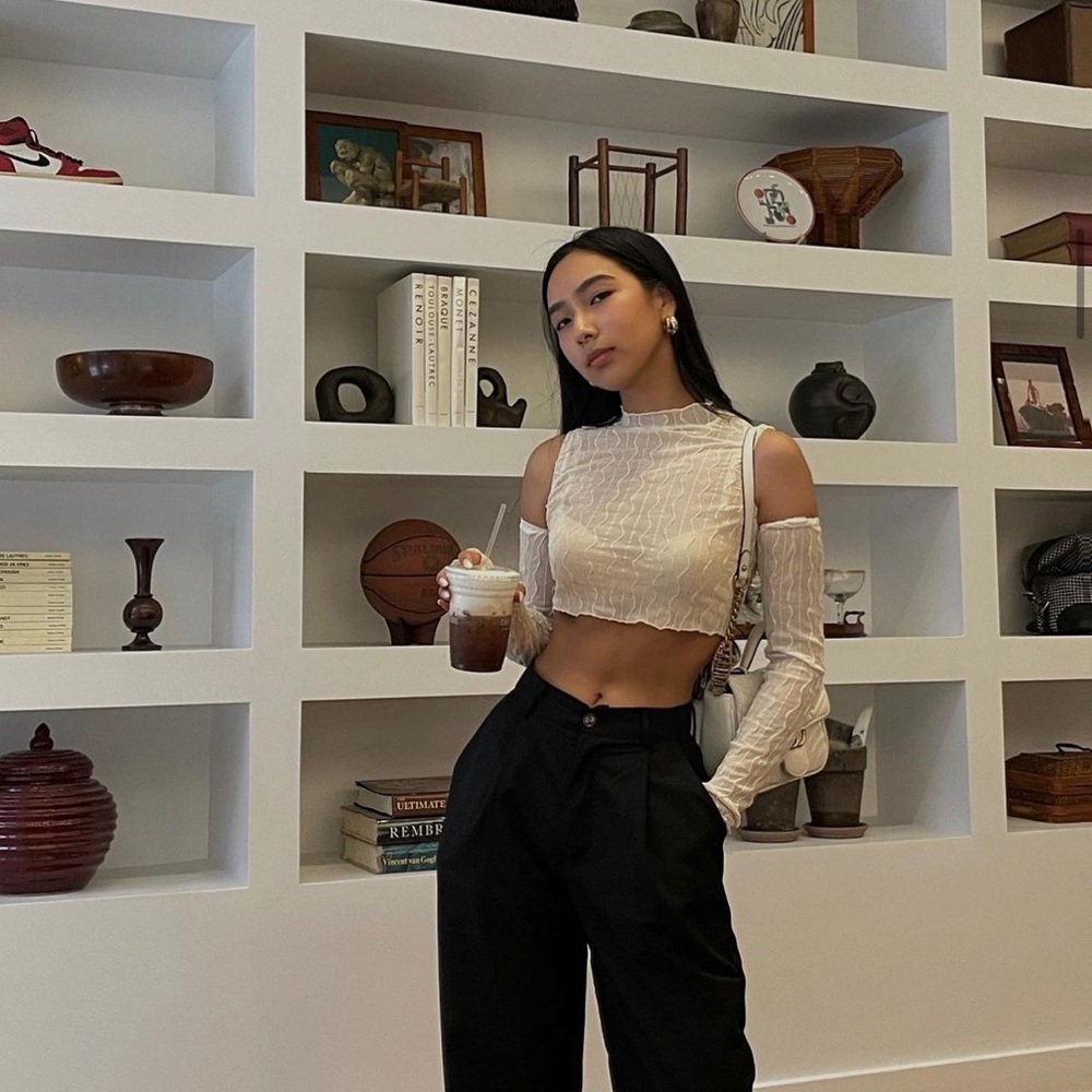 Sheer cropped long sleeve top with open shoulders